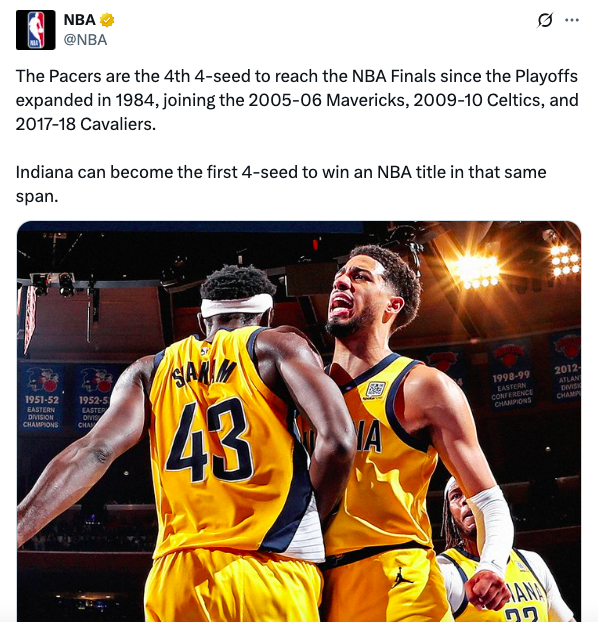 🥳步行者成1984年后第4支进入NBA总决赛的四号种子球队